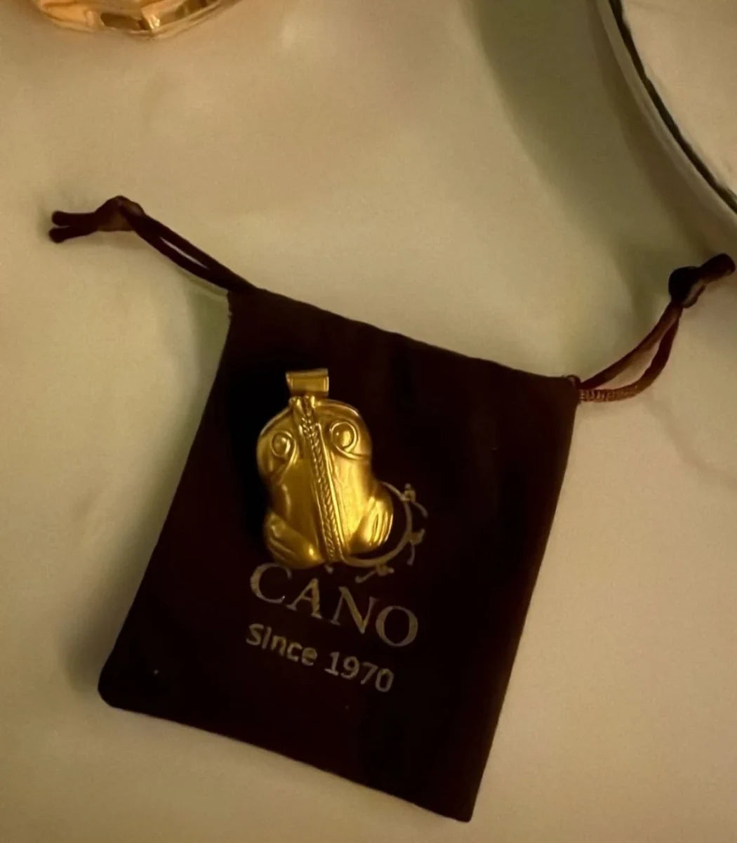 A gold pendant necklace displayed on a dark brown velvet drawstring pouch with the brand name CANO and 'Since 1970' printed on it, set against a light beige background.